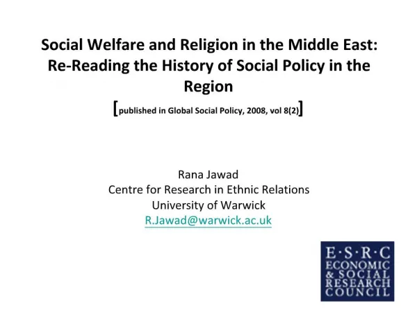 Social Welfare and Religion in the Middle East: Re-Reading the History of Social Policy in the Region [published in Glob