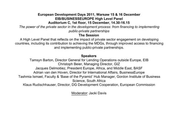 European Development Days 2011, Warsaw 15 16 December EIB