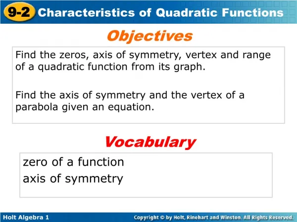 Find the zeros, axis of symmetry, vertex and range of a quadratic function from its graph.