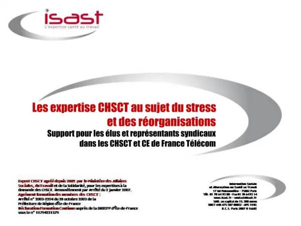 Les expertise CHSCT au sujet du stress et des r organisations Support pour les lus et repr sentants syndicaux dans le