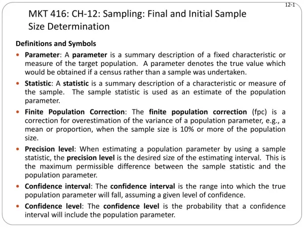 MKT 416: CH-12: Sampling: Final and Initial Sample Size Determination