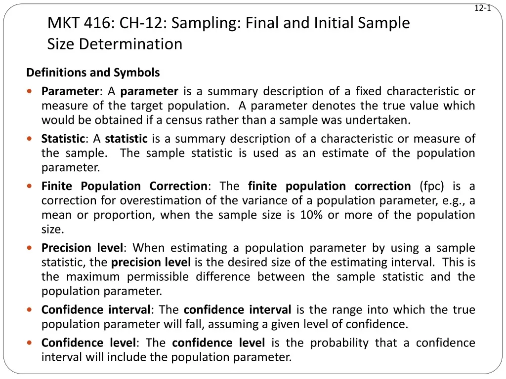 mkt 416 ch 12 sampling final and initial sample size determination