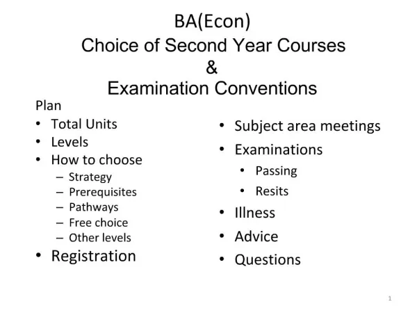 BAEcon Choice of Second Year Courses Examination Conventions