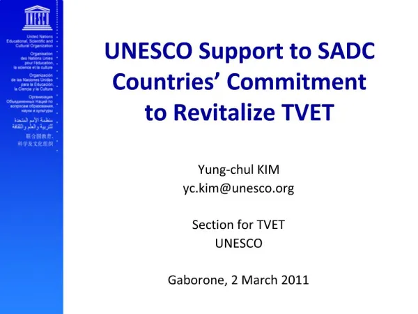UNESCO Support to SADC Countries Commitment to Revitalize TVET