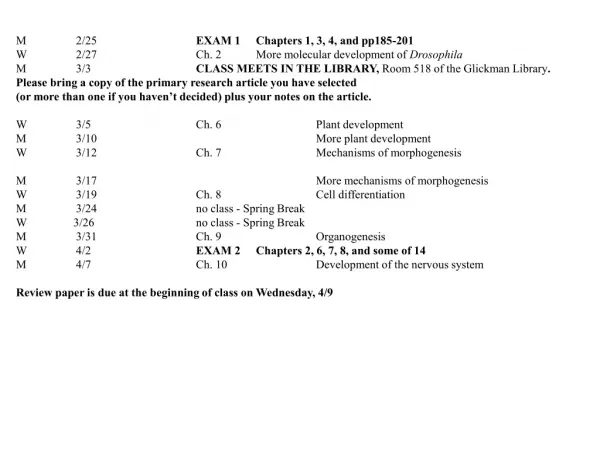 M	2/25		 EXAM 1	Chapters 1, 3, 4, and pp185-201