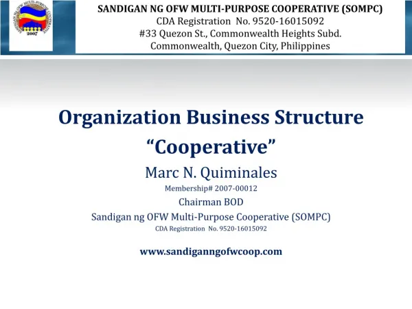 Organization Business Structure “Cooperative” Marc N. Quiminales Membership# 2007-00012