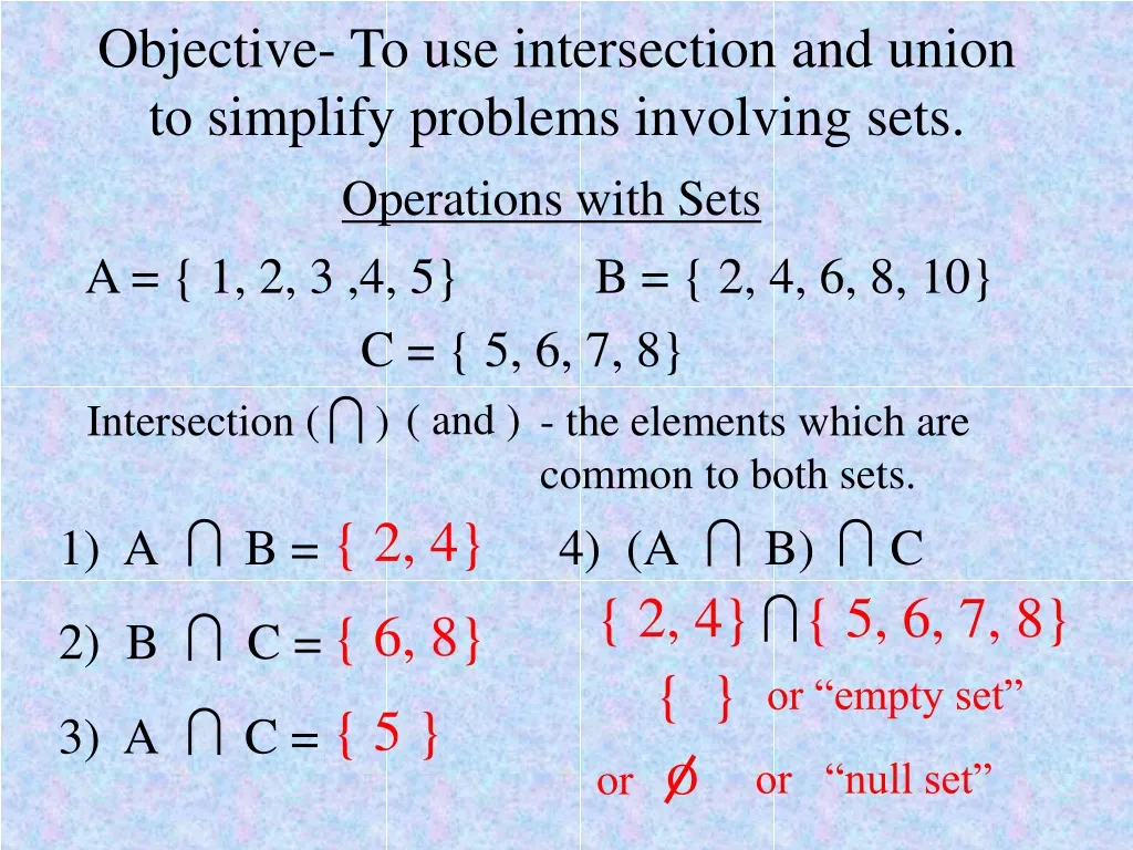 objective to use intersection and union to simplify problems involving sets