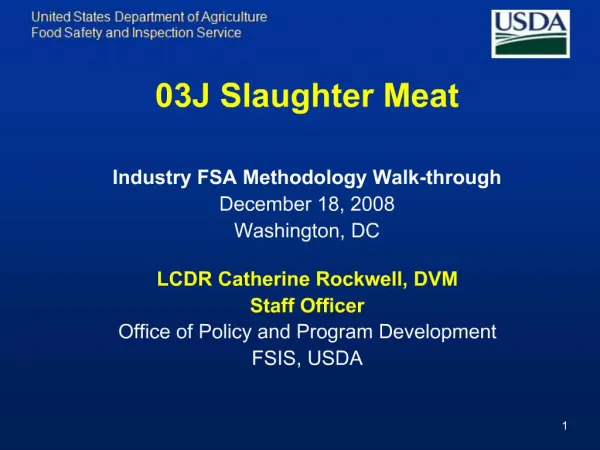 03J Slaughter Meat Industry FSA Methodology Walk-through December 18, 2008 Washington, DC LCDR Catherine Rockwell, DV