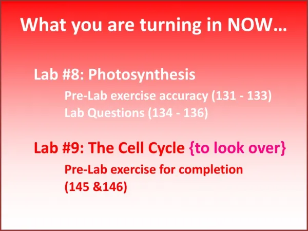What you are turning in NOW… Lab #8: Photosynthesis Pre -Lab exercise accuracy (131 - 133)