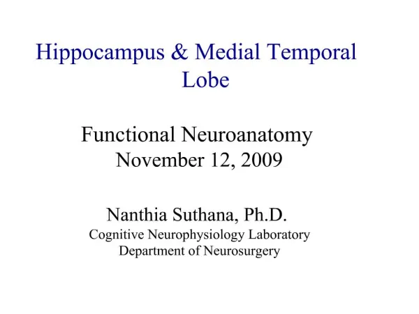 Hippocampus Medial Temporal Lobe Functional Neuroanatomy November 12, 2009 Nanthia Suthana, Ph.D. Cognitive Neurophy