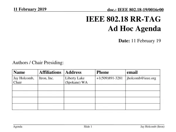 IEEE 802.18 RR-TAG Ad Hoc Agenda