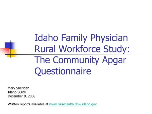 Idaho Family Physician Rural Workforce Study: The Community Apgar Questionnaire
