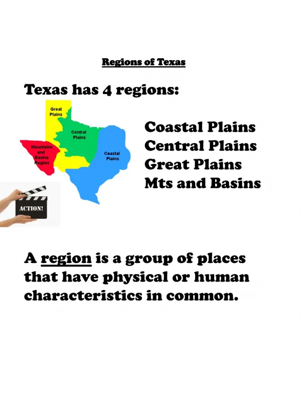 Regions of Texas Texas has 4 regions:	 		Coastal Plains 		Central Plains 		Great Plains
