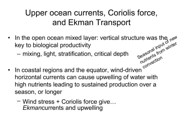 Upper ocean currents, Coriolis force, and Ekman Transport