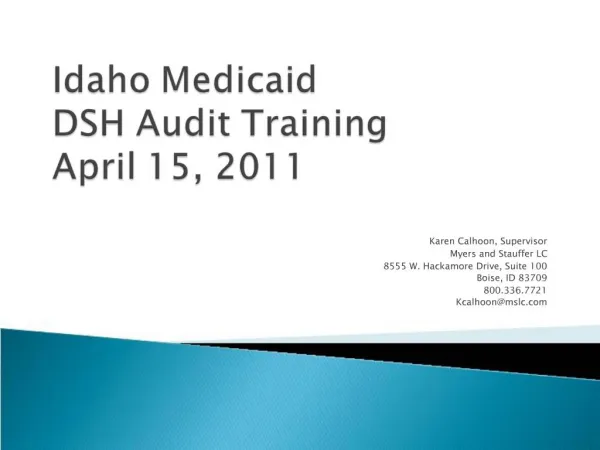 Idaho Medicaid DSH Audit Training April 15, 2011