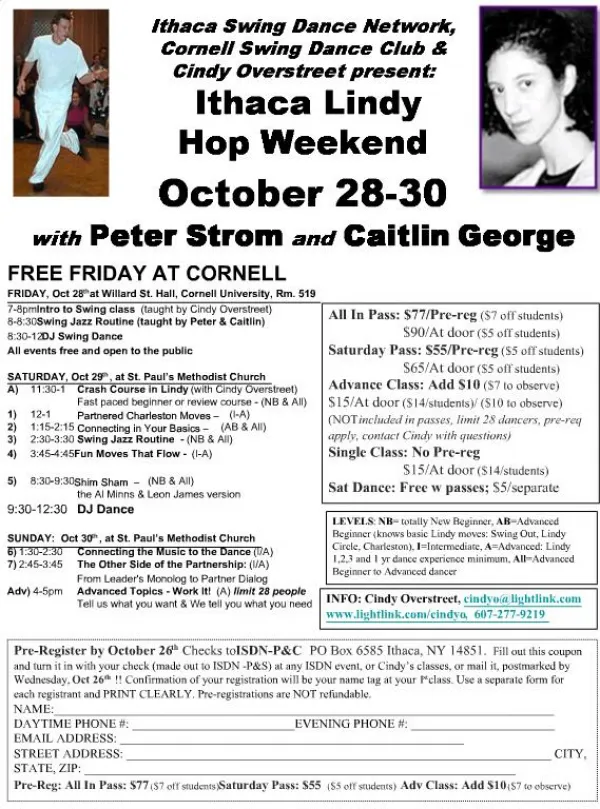 Ithaca Swing Dance Network, Cornell Swing Dance Club Cindy Overstreet present: Ithaca Lindy Hop Weekend