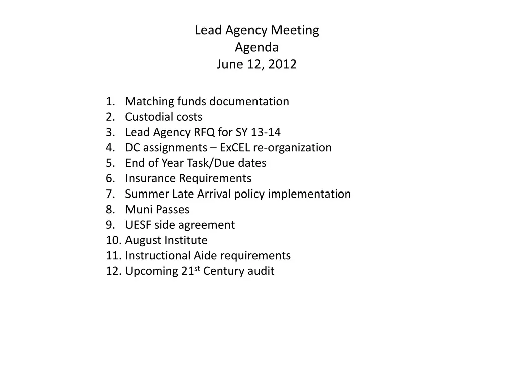 lead agency meeting agenda june 12 2012