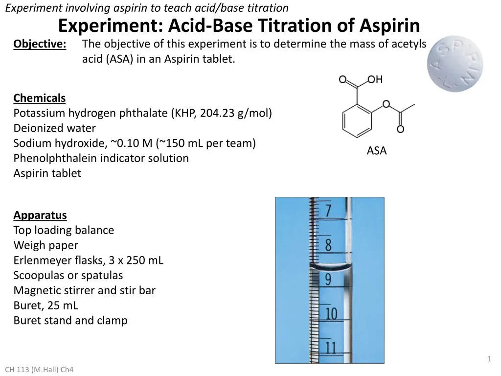experiment involving aspirin to teach acid base