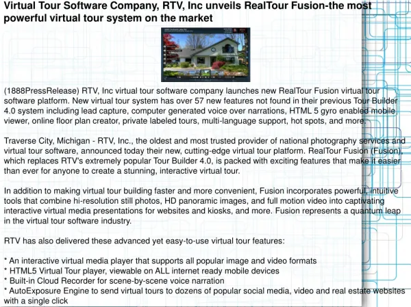 Virtual Tour Software Company, RTV, Inc unveils RealTour Fus