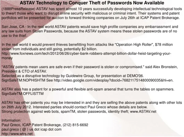 ASTAV Technology to Conquer Theft of Passwords Now Available