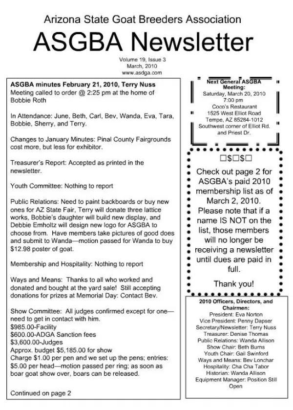 Arizona State Goat Breeders Association ASGBA Newsletter Volume 19, Issue 3 March, 2010 asdga