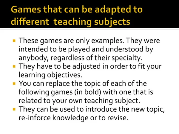 Games that can be adapted to different teaching subjects