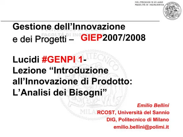 Gestione dell Innovazione e dei Progetti GIEP 2007