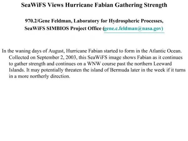 SeaWiFS Views Hurricane Fabian Gathering Strength 970.2