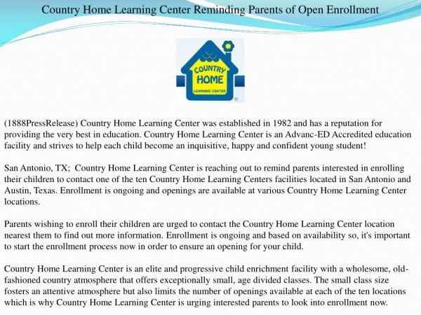 Country Home Learning Center Reminding Parents of Open Enrol