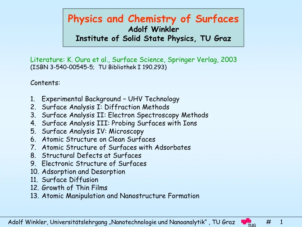 physics and chemistry of surfaces adolf winkler