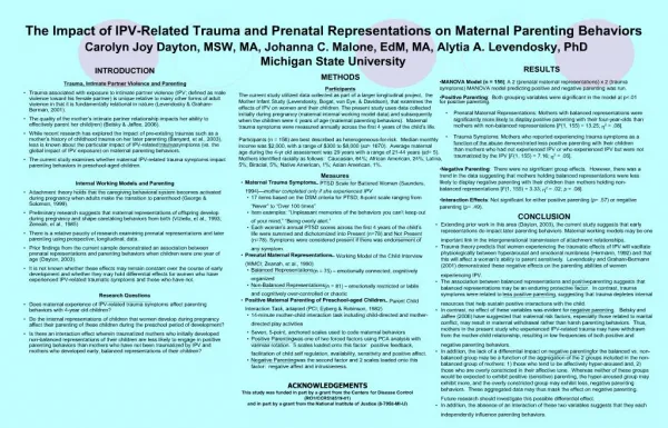 The Impact of IPV-Related Trauma and Prenatal Representations on Maternal Parenting Behaviors Carolyn Joy Dayton, MSW,