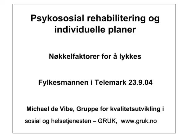 Psykososial rehabilitering og individuelle planer N kkelfaktorer for lykkes Fylkesmannen i Telemark 23.9.04 Michael