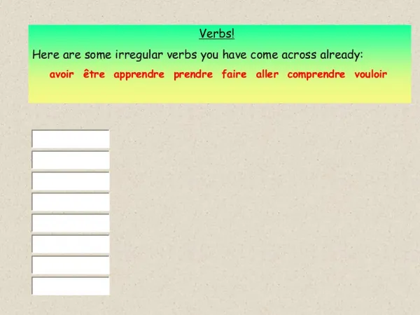 Verbs Here are some irregular verbs you have come across already: avoir tre apprendre prendre faire aller compre