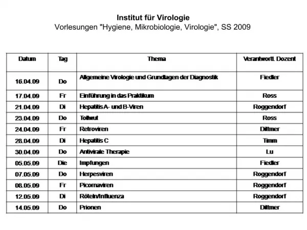 Institut f r Virologie Vorlesungen Hygiene, Mikrobiologie, Virologie, SS 2009