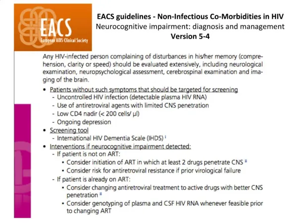 EACS guidelines - Non-Infectious Co-Morbidities in HIV Neurocognitive impairment: diagnosis and management Version 5-4