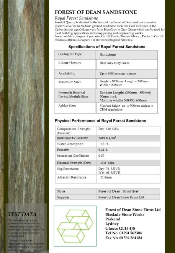 Specifications of Royal Forest Sandstone