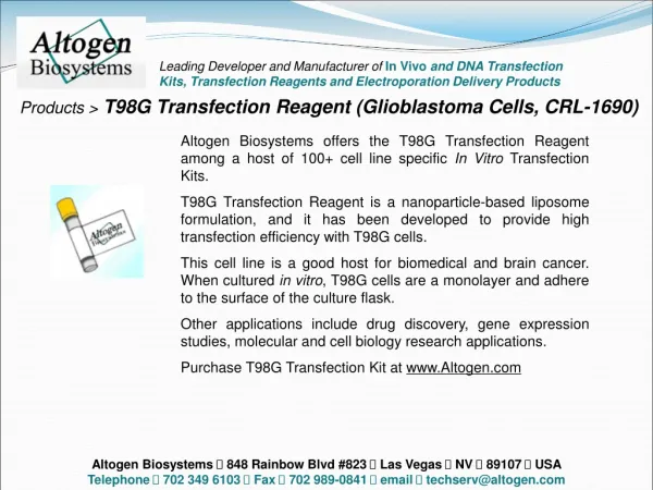 Products &gt; T98G Transfection Reagent (Glioblastoma Cells, CRL-1690)