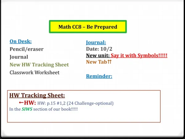 On Desk: Pencil/eraser Journal New HW Tracking Sheet Classwork Worksheet