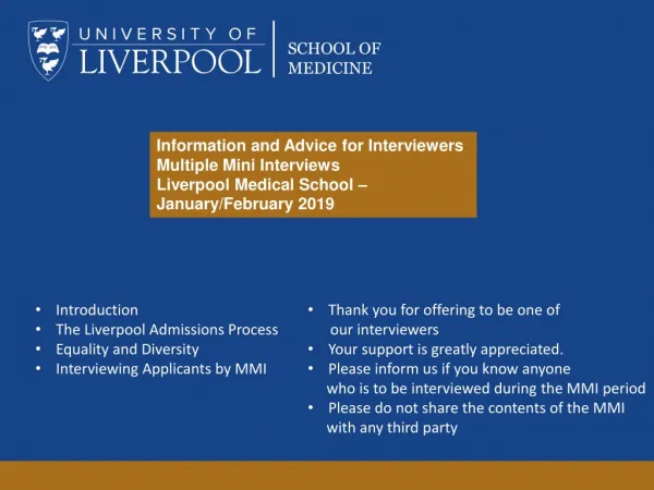 Introduction The Liverpool Admissions Process Equality and Diversity