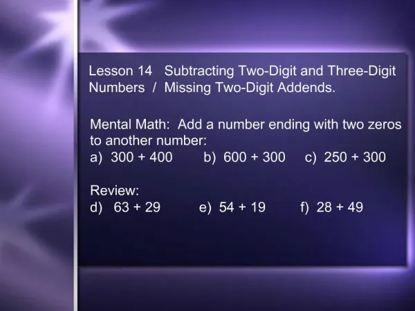 Lesson 14 Subtracting Two-Digit and Three-Digit Numbers