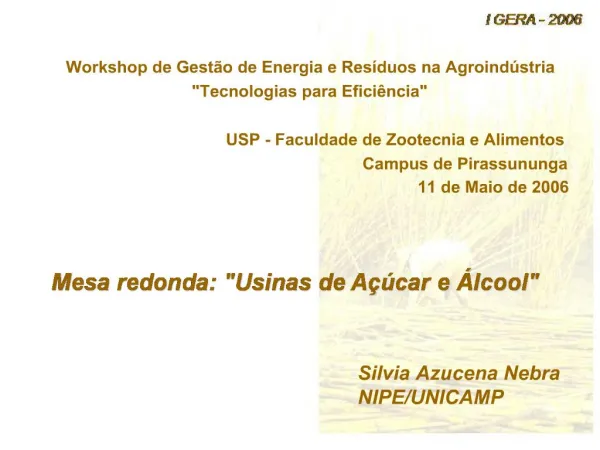 Workshop de Gest o de Energia e Res duos na Agroind stria Tecnologias para Efici ncia USP - Faculdade de Zootecnia e