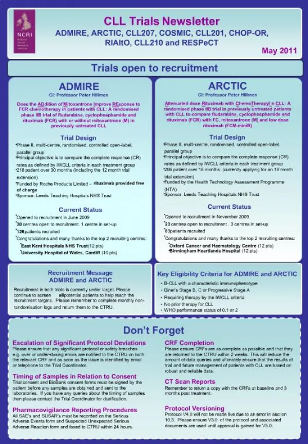 CLL Trials Newsletter ADMIRE, ARCTIC, CLL207, COSMIC, CLL201, CHOP-OR, RIAltO, CLL210 and RESPeCT