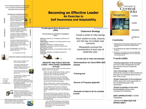 Becoming an Effective Leader An Exercise in Self Awareness and Adaptability Prof. Jan Daugherty-12