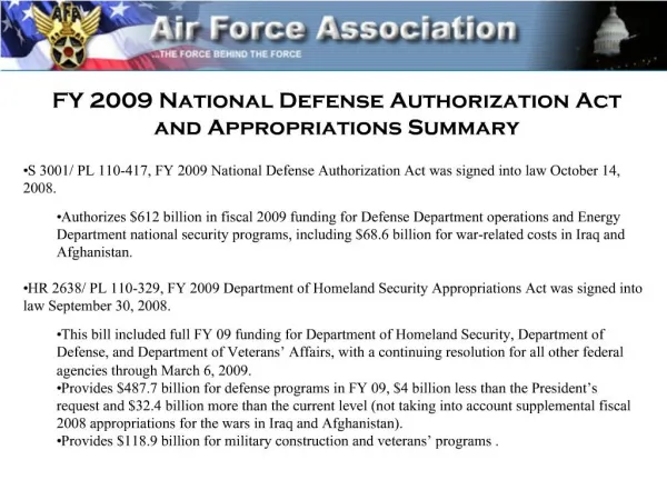 FY 2009 National Defense Authorization Act and Appropriations Summary