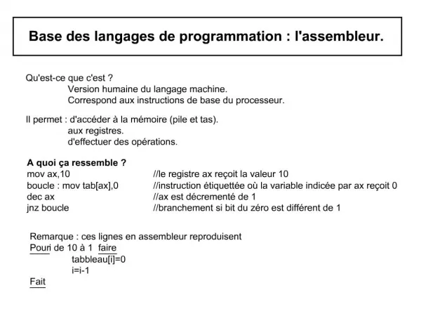 Base des langages de programmation : lassembleur.