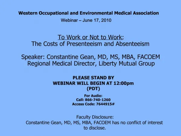 Western Occupational and Environmental Medical Association Webinar June 17, 2010
