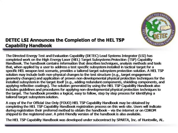 DETEC LSI Announces the Completion of the HEL TSP Capability Handbook