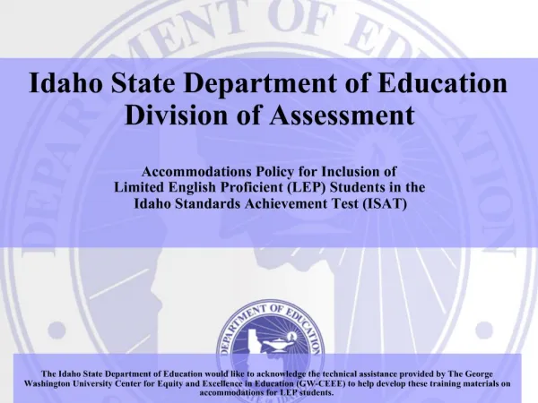 Idaho State Department of Education Division of Assessment