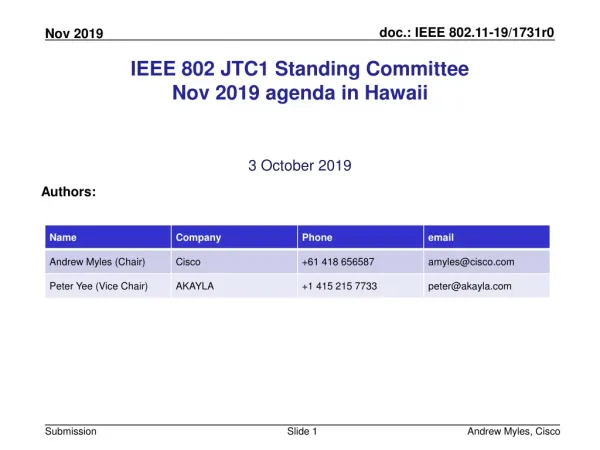 IEEE 802 JTC1 Standing Committee Nov 2019 agenda in Hawaii
