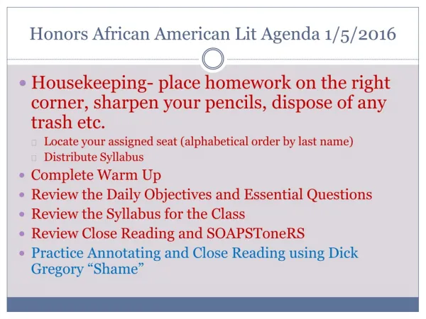 Honors African American Lit Agenda 1/5/2016